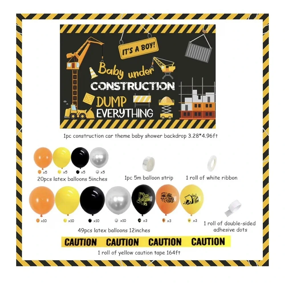 Construction Baby Shower Decorations Balloon Garland Kit Backdrop Caution Tape
